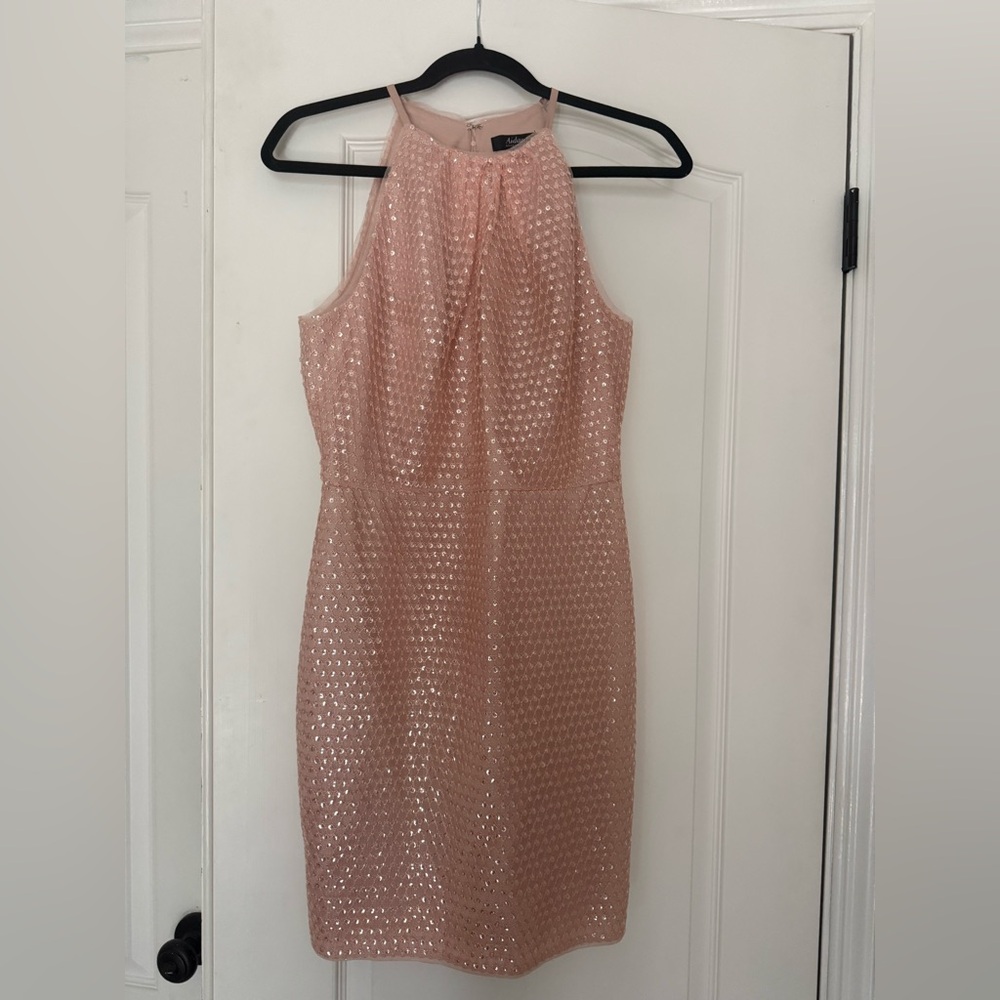 Aidan by Aidan Mattox Shimmer Pink Halter Mini Dress Wedding Mother Bride $265